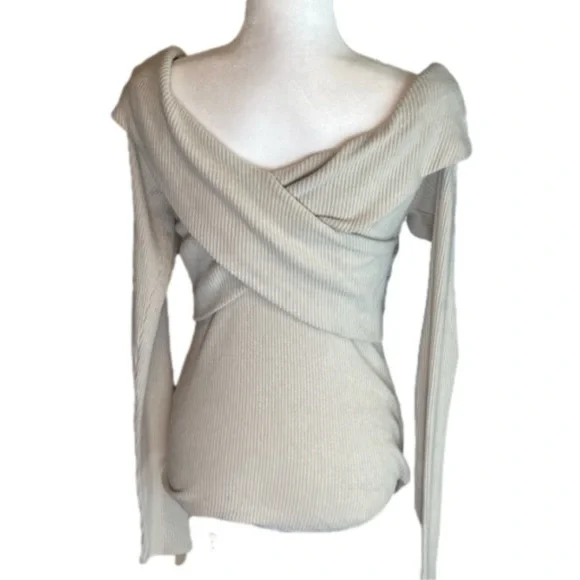 Free People Marley cross front long sleeve ribbed sweater top tan beige L large - Picture 5 of 9